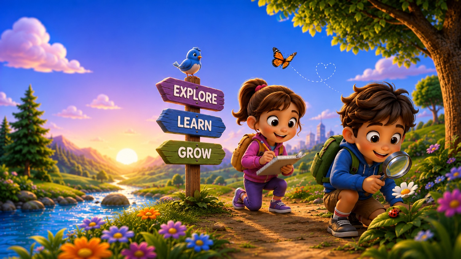 Two children exploring outdoors beside a signpost reading Explore, Learn, Grow